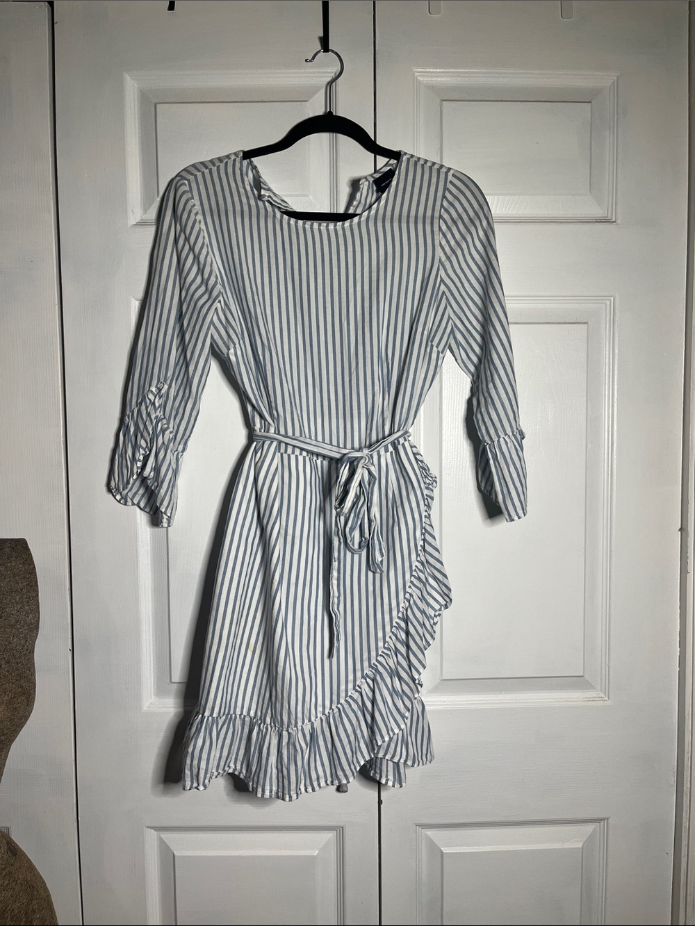 Who What Wear Blue and White Striped Tie-Waist Ruffle Mini Dress